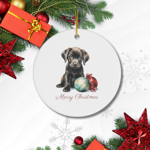 Black lab Christmas puppy ceramic ornament that says Merry Christmas. https://creativedesignsoftheobx.com/collections/ornamentson both sides.Merry 