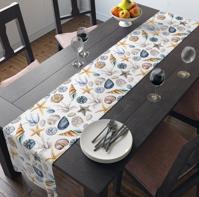 A photo of a modern black and white table runner with a geometric pattern, perfect for a contemporary dining room.