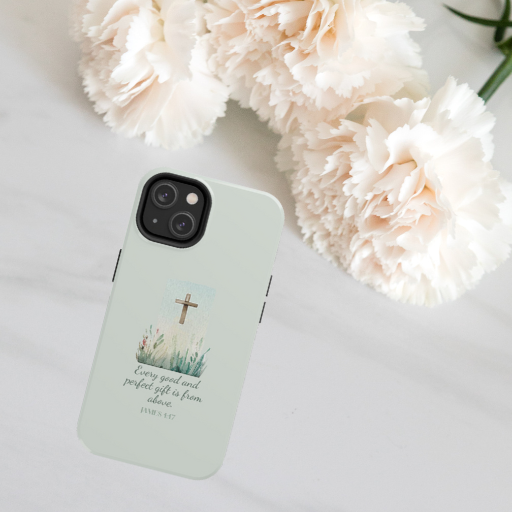 iPhone case that says "Every good and perfect gift is from above. James 1:17." Avaiilable for iPhones 7 - 15.