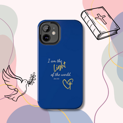 iPhone case that says "I am the Light of the world." on a dark blue background. Available for a variety of iPhone models.