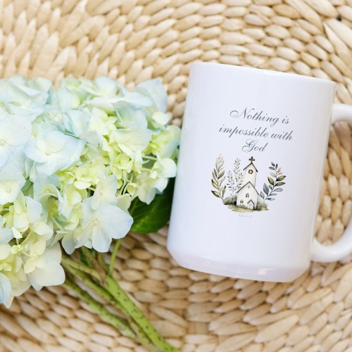 Discover our inspiring ceramic mug featuring the uplifting message "Nothing is impossible with God. Luke 1:37." With a generous 15 oz capacity, lead and BPA-free construction, and dishwasher/microwave safe design, it's the perfect blend of faith and functionality for your daily routine.