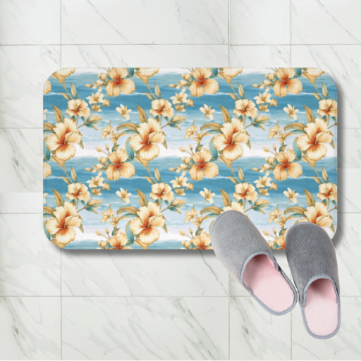 Discover luxury with our Tropical Bloom Bath Mat featuring yellow flowers on a water background. 100% memory foam microfiber for comfort, quick liquid absorption, and anti-slip backing. Two sizes available, machine washable. 