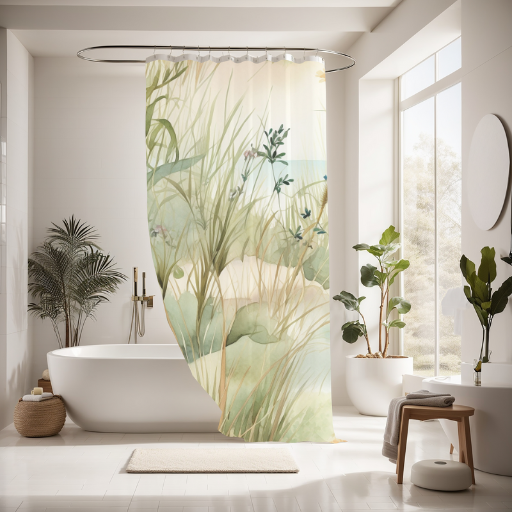 Shower curtain that features a watercolor marsh design.