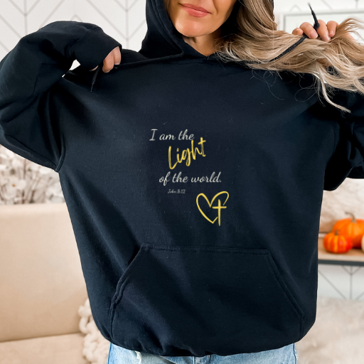Hoodie that says "I am the Light of the World". Available in a variety of sizes and colors.
