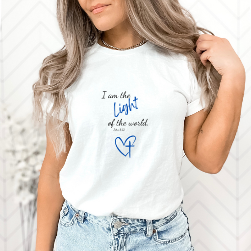 T-shirt that says "I am the Light of the World. John 8:12". Available in a variety of colors and sizes.